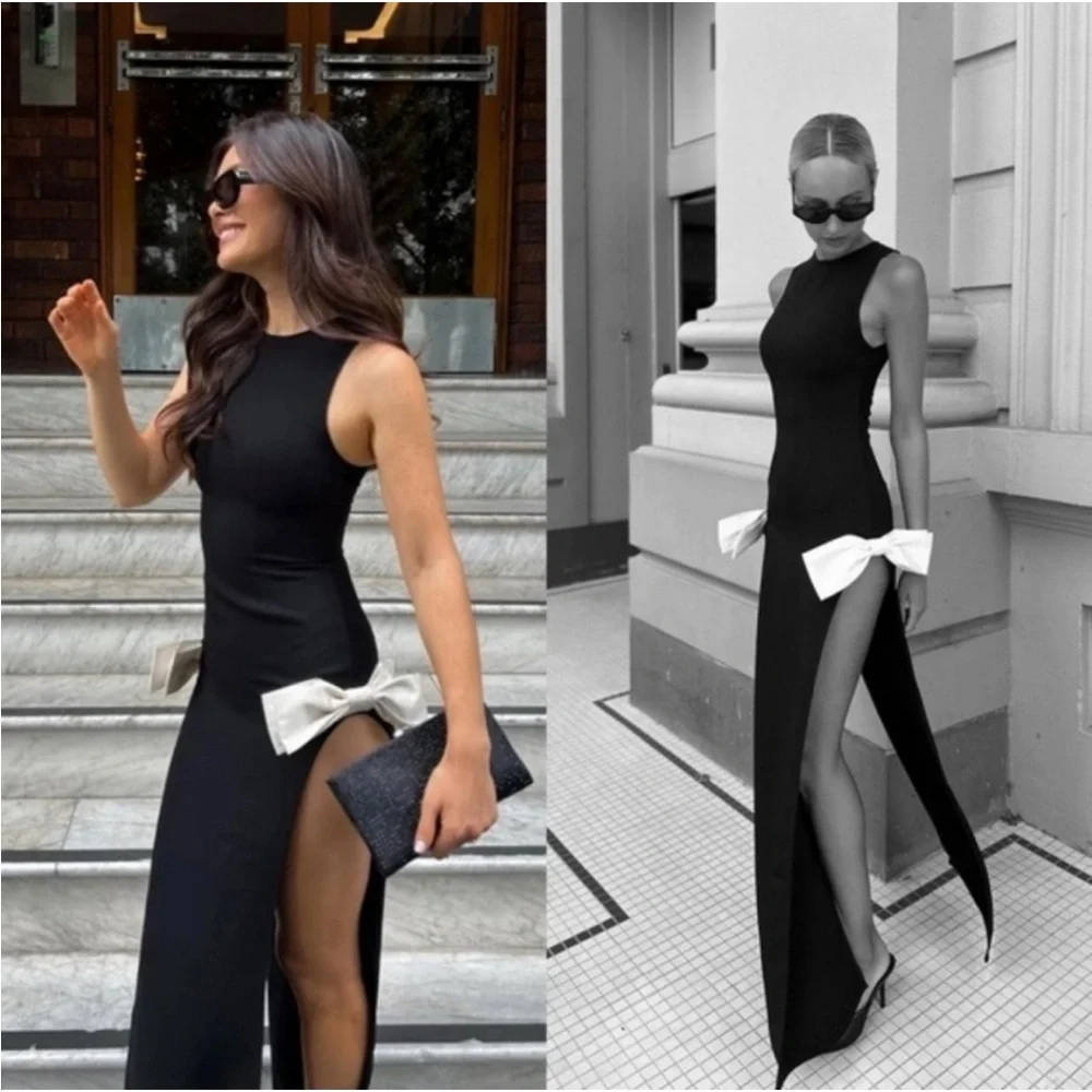 Atoir Reformation Jana Bow Dress Size 6 Slit Black and Cream Black Tie Formal - Picture 2 of 14